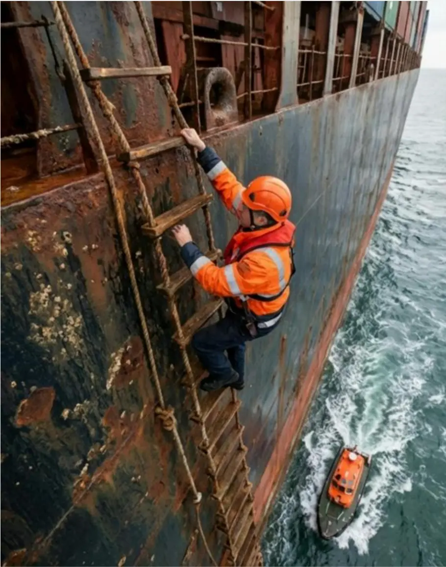Marine pilot climbing a pilot ladder on the side of a merchant vessel above a pilot boat
