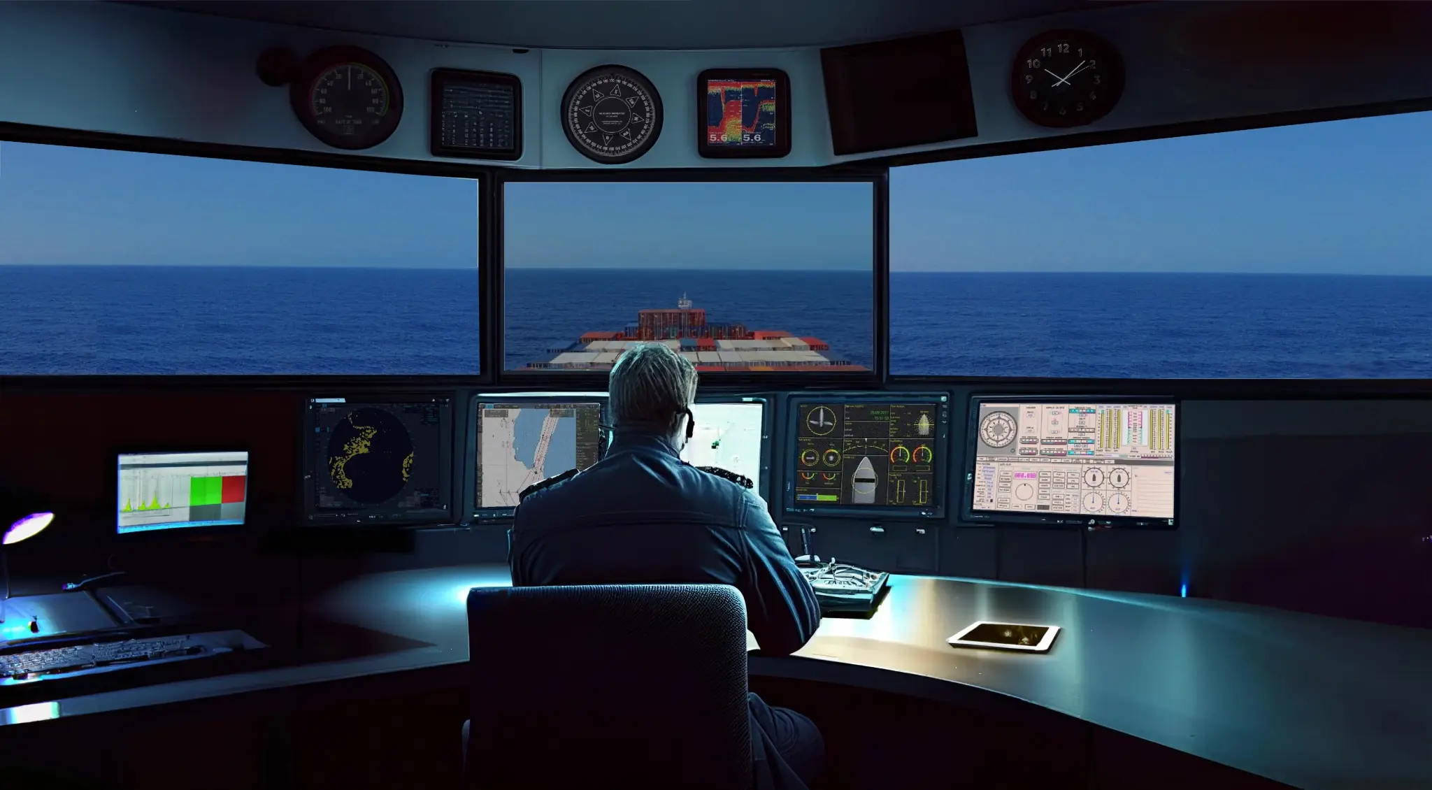 A marine pilot operating from a shore-based control room with a vessel visible ahead