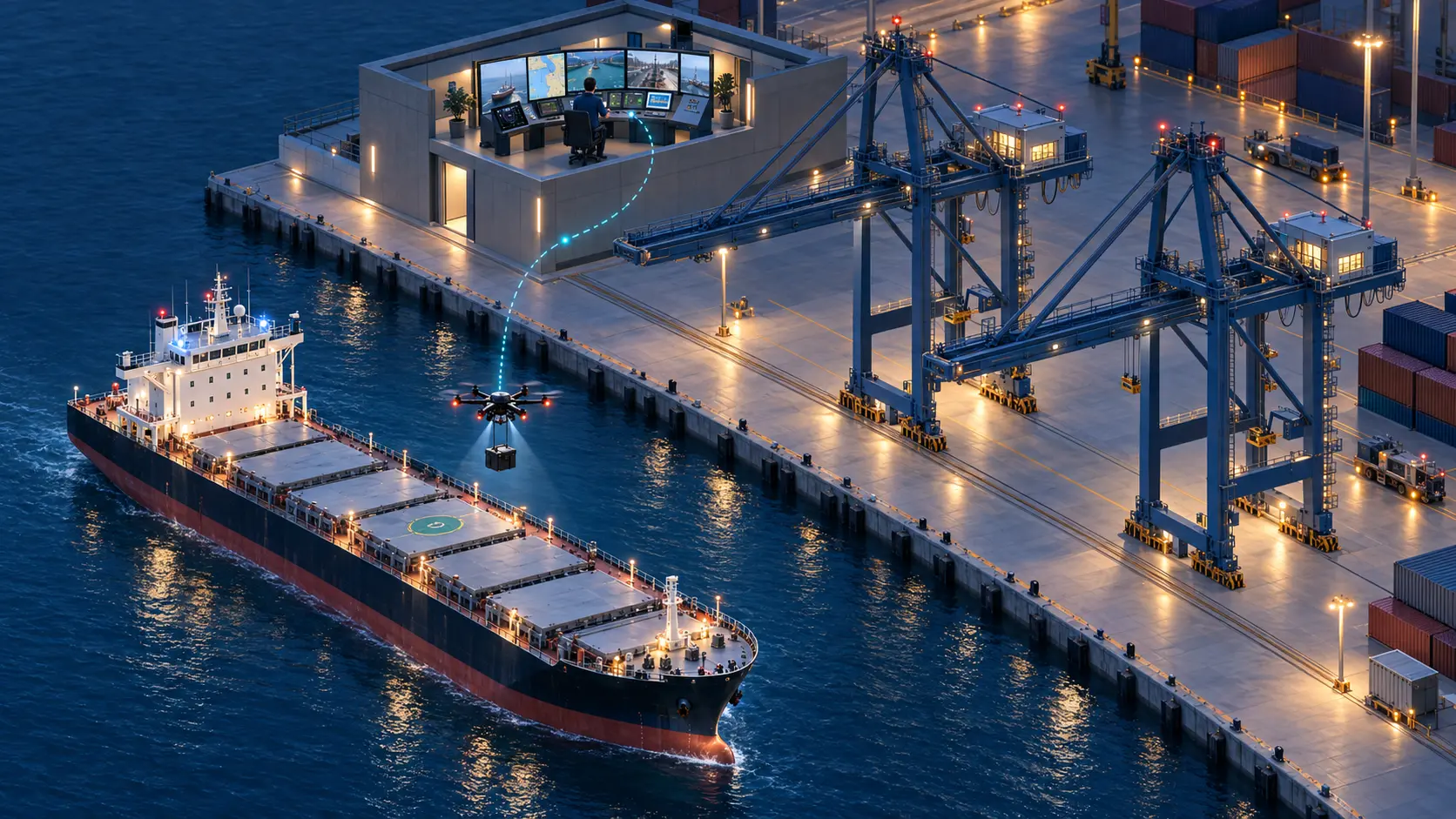 RemPi concept showing a merchant vessel, drone-delivered equipment and a marine pilot operating from a shore control room