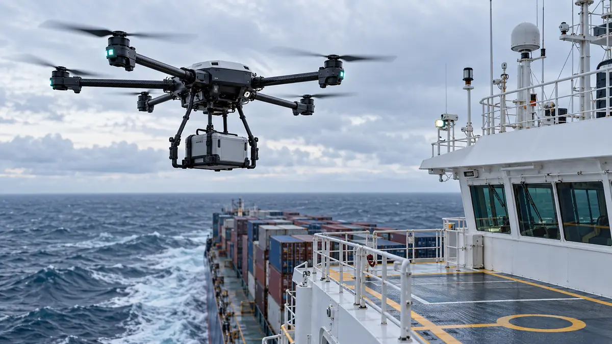 Industrial drone delivering a portable RemPi module to a merchant vessel