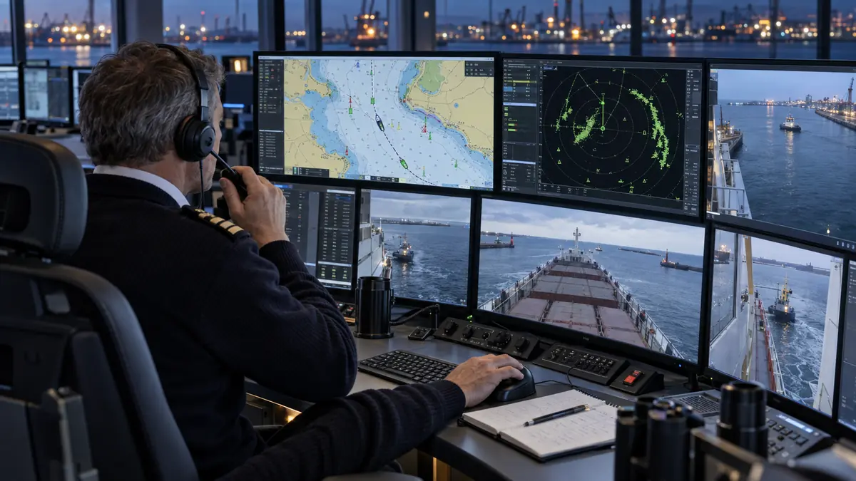 Licensed marine pilot guiding a vessel from a multi-screen shore control station